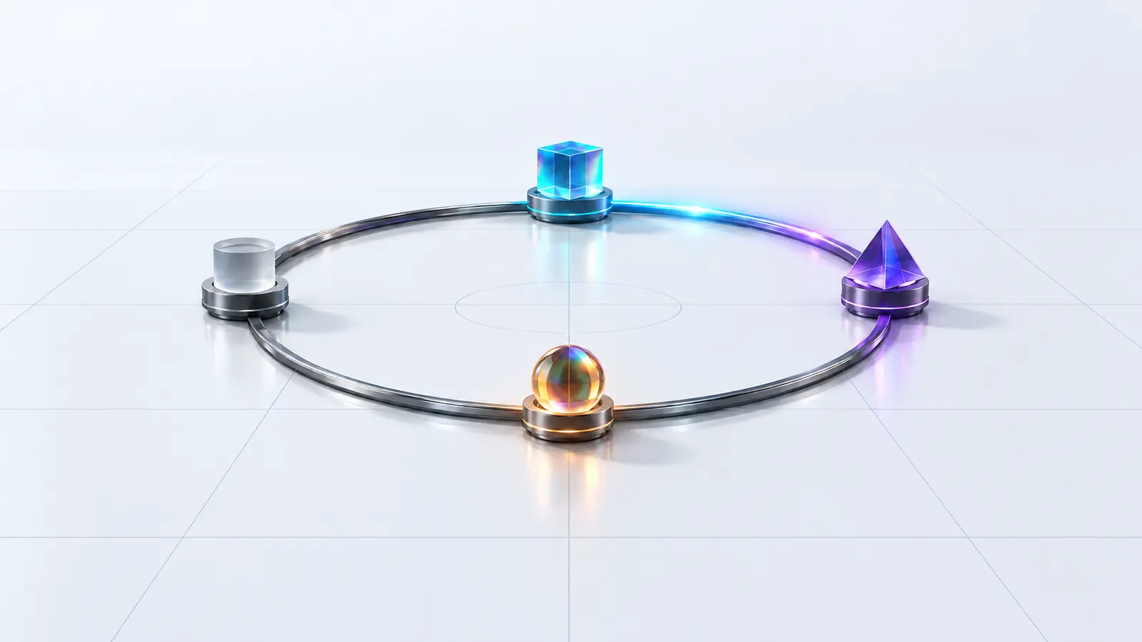 A ring of light on a pale floor with four glass stations; three glow in cyan, violet and amber while the fourth stays clear.